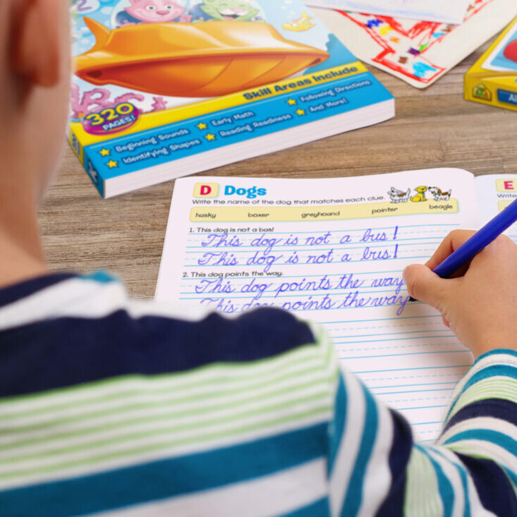 Boy Practicing Cursive in Workbook